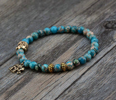 Boho Bracelet, Stretchy Bracelet, Blue and Brown Elephant Tibetan