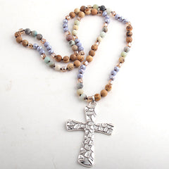 Boho Necklace, RH Antique Silver Cross, Lava Stone