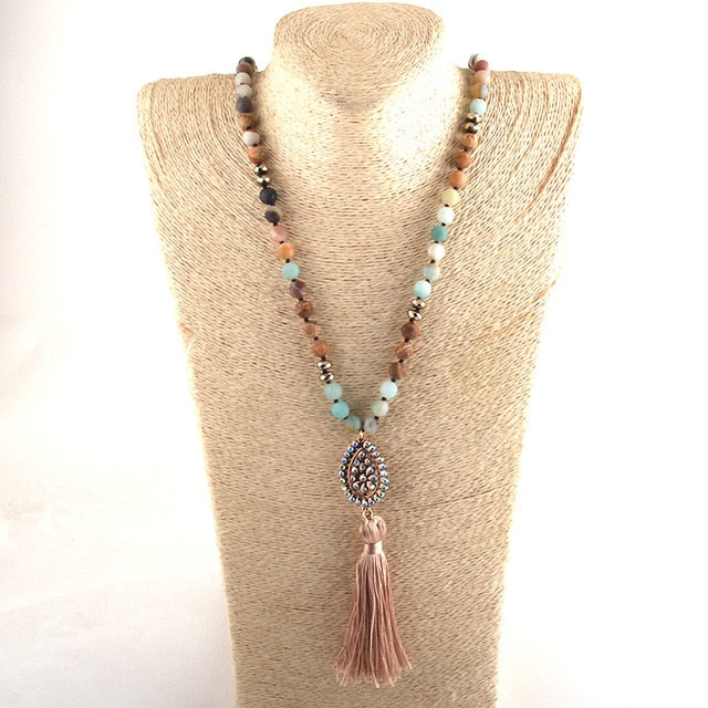 Boho Necklace, RH Amazonite Jasper, Tassel Brown Natural Stone