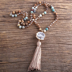 Boho Necklace, RH Amazonite Jasper, Crystal Tassel Brown Natural Stone