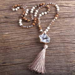 Boho Necklace, RH Amazonite Jasper, Crystal Tassel Brown Natural Stone