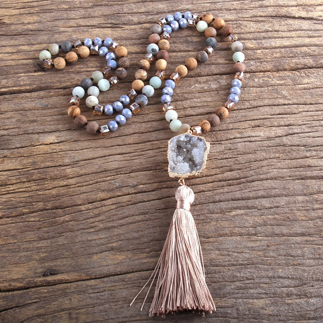 Boho Necklace, RH Amazonite Jasper, Crystal Tassel Brown Natural Stone