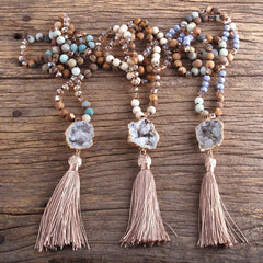 Boho Necklace, RH Amazonite Jasper, Crystal Tassel Brown Natural Stone