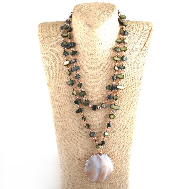 Boho Necklace, RH Pink Rose Crystal Shell