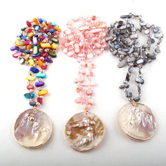 Boho Necklace, RH Pink Rose Crystal Shell