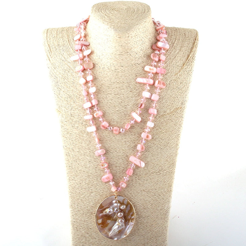 Boho Necklace, RH Big Crystal Shell Purple Necklaces