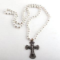 Boho Necklace, RH Precious Pearl, Cross