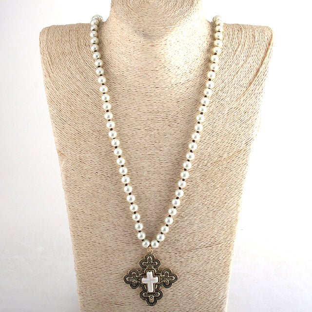 Boho Necklace, RH Precious Pearl, Cross