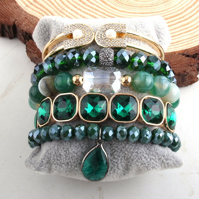 Boho Bracelet, RH Bracelet Set, Cubic Zircon Ball, Natural Stones Ball in Black and White