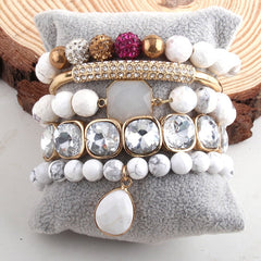 Boho Bracelet, RH Bracelet Set, Cubic Zircon Ball, Natural Stones Ball in Black and White
