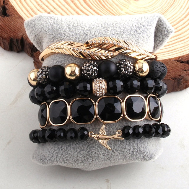 Boho Bracelet, RH Bracelet Set, Cubic Zircon Ball, Natural Stones Ball in Black and White