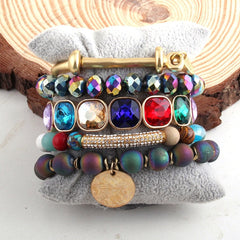 Boho Bracelet, RH Bracelet Set, Cubic Zircon Ball, Natural Stones Ball in Black and White