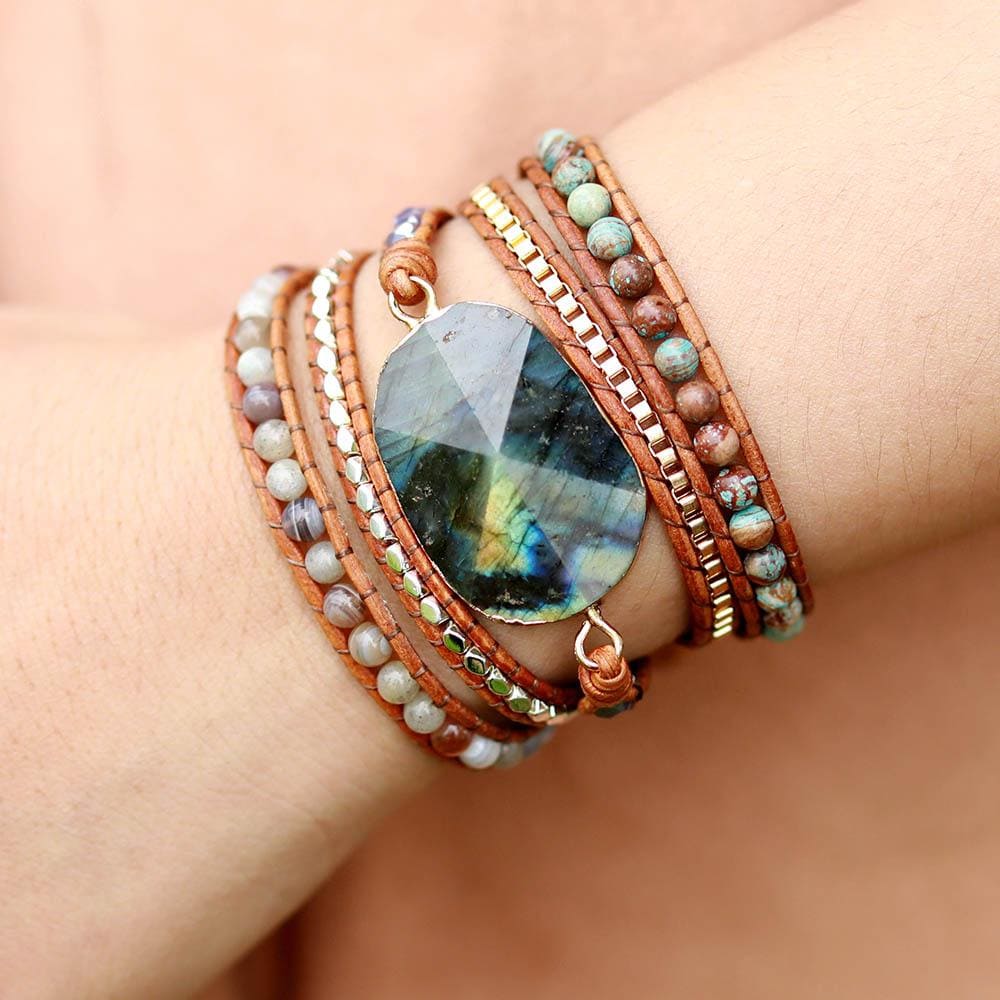 Boho Bracelet, 4 Layers Leather Wrap Bracelet, Black Onyx