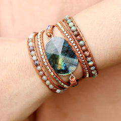 Boho Bracelet, 4 Layers Leather Wrap Bracelet, Black Onyx