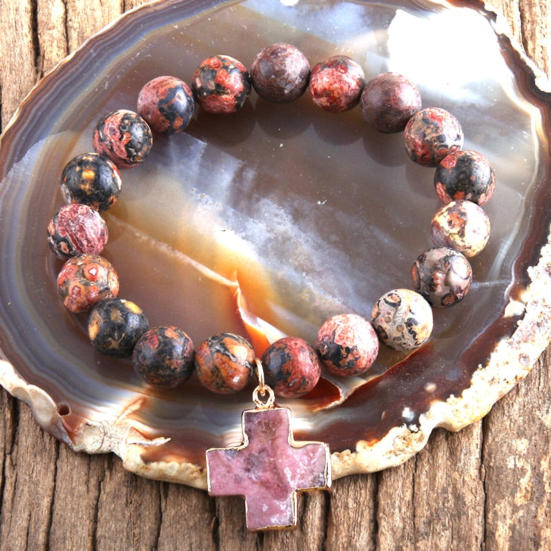 Boho Bracelet, RH Natural Stones Pink Cross