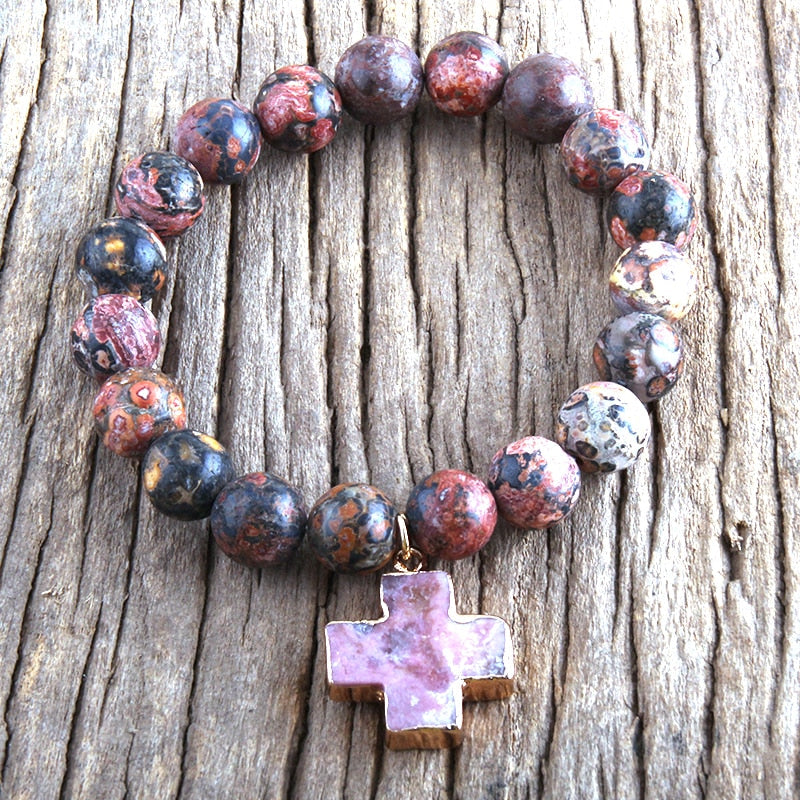 Boho Bracelet, RH Natural Stones Pink Cross