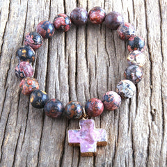 Boho Bracelet, RH Natural Stones Pink Cross
