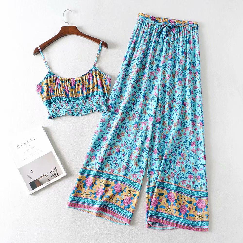 Boho Two Piece Set, Two Piece Pants Set, Wild Floral Daisy Blue
