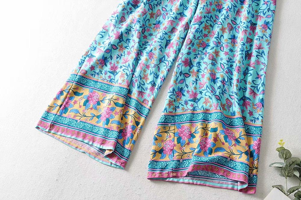 Boho Two Piece Set, Two Piece Pants Set, Wild Floral Daisy Blue