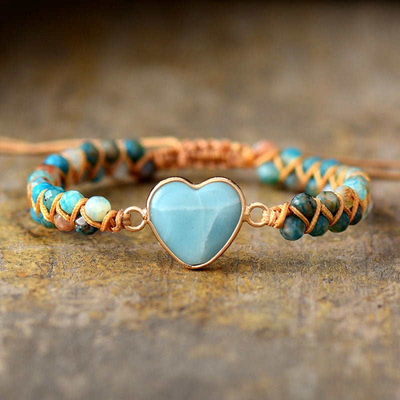 Boho Bracelet, Friendship Bracelet, Macrame Bracelet, Blue Heart Amazonite