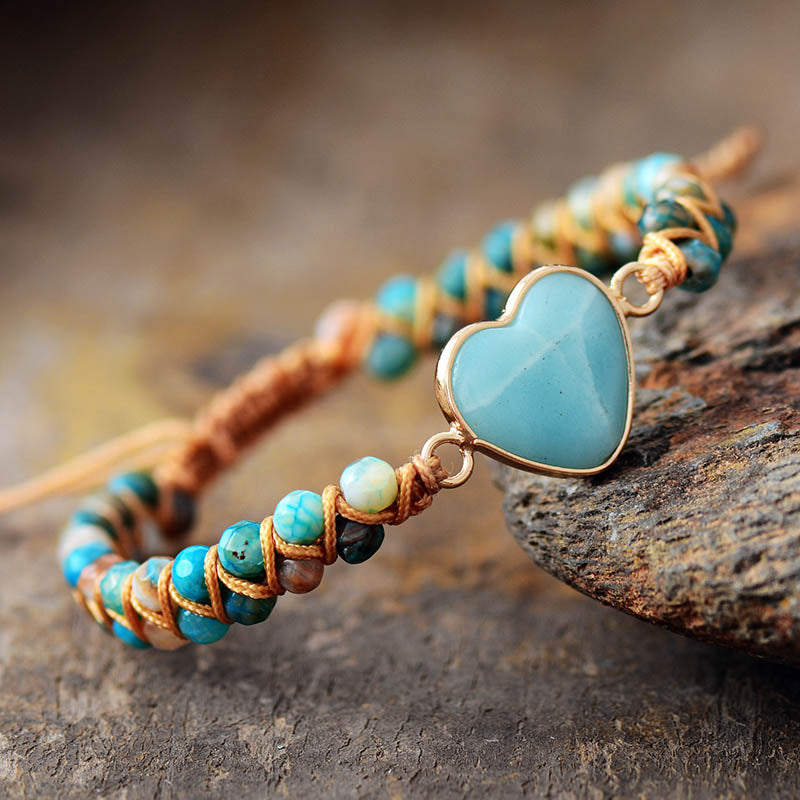Boho Bracelet, Friendship Bracelet, Macrame Bracelet, Blue Heart Amazonite