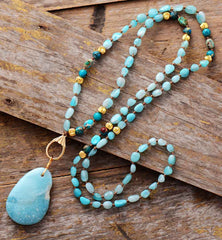 Boho Necklace, Seed Beads Blue Amazonite
