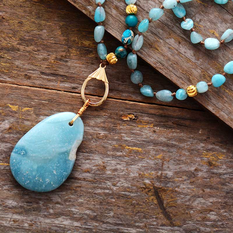 Boho Necklace, Seed Beads Blue Amazonite