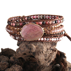 Boho Bracelet, RH 5 Layers Leather Wrap Bracelet, Pink Rose quartz