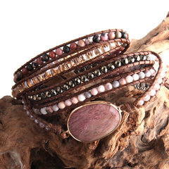 Boho Bracelet, RH 5 Layers Leather Wrap Bracelet, Pink Rose quartz