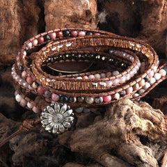 Boho Bracelet, RH 5 Layers Leather Wrap Bracelet, Pink Rose quartz