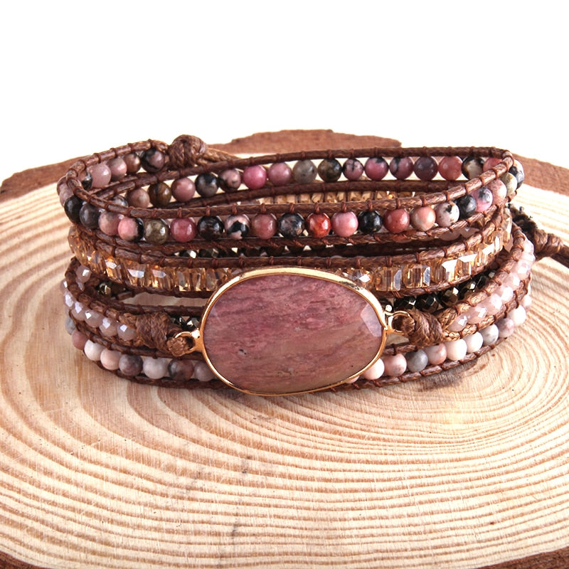 Boho Bracelet, RH 5 Layers Leather Wrap Bracelet, Pink Rose quartz