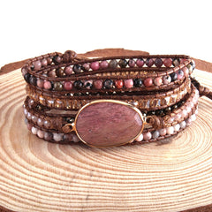 Boho Bracelet, RH 5 Layers Leather Wrap Bracelet, Pink Rose quartz