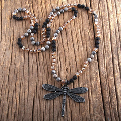 Boho Necklace, RH Amazonite Jasper, Dragonfly Brown Natural Stone