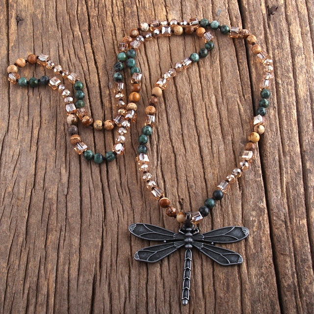 Boho Necklace, RH Amazonite Jasper, Dragonfly Brown Natural Stone