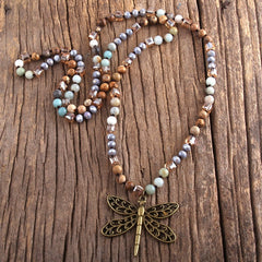 Boho Necklace, RH Amazonite Jasper, Dragonfly Brown Natural Stone