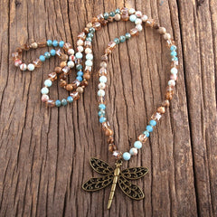 Boho Necklace, RH Amazonite Jasper, Dragonfly Brown Natural Stone