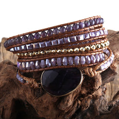 Boho Bracelet, RH 5 Layers Leather Wrap Bracelet, Natural Stones, Rose Quarts Silver