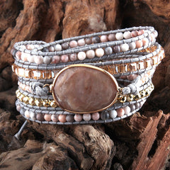 Boho Bracelet, RH 5 Layers Leather Wrap Bracelet, Natural Stones, Rose Quarts Silver