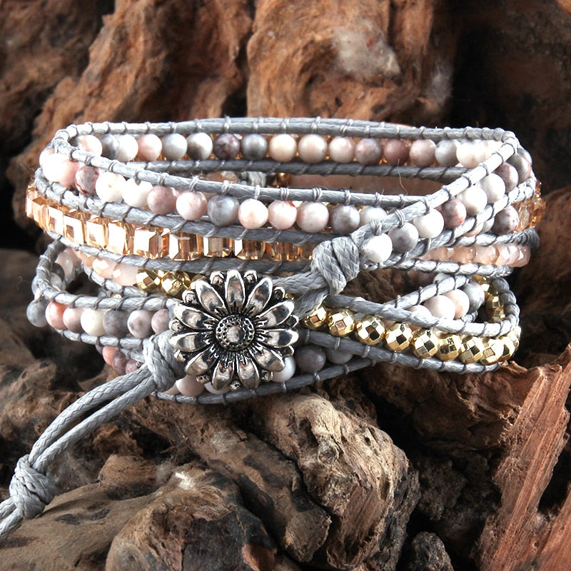 Boho Bracelet, RH 5 Layers Leather Wrap Bracelet, Natural Stones, Rose Quarts Silver