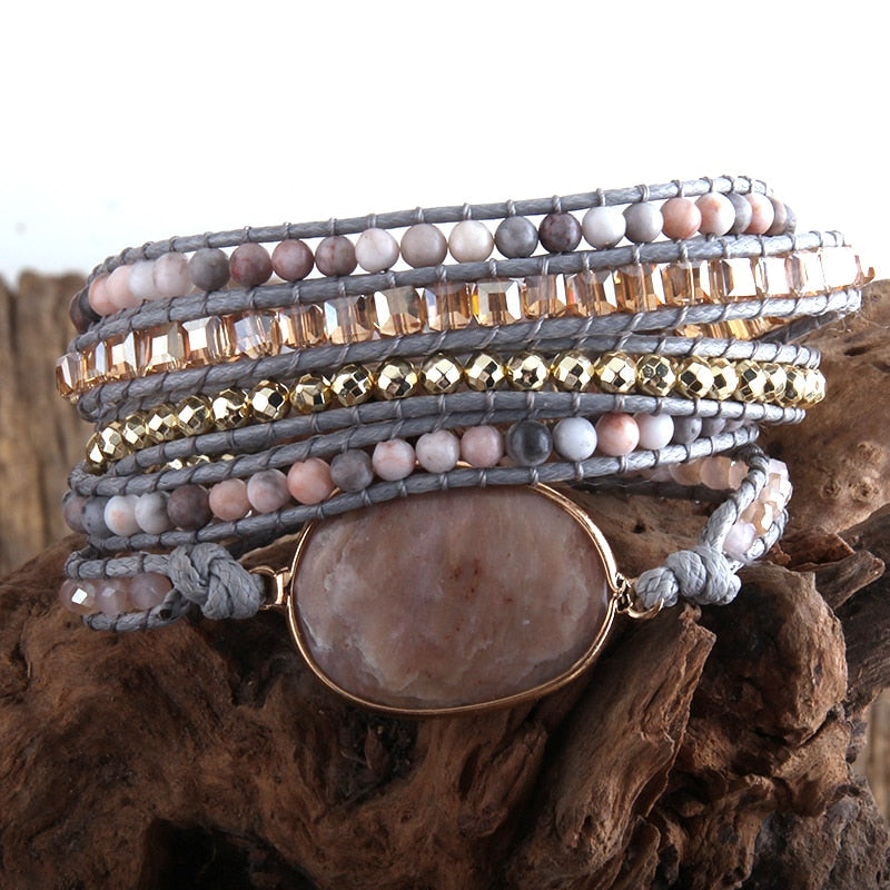 Boho Bracelet, RH 5 Layers Leather Wrap Bracelet, Natural Stones, Rose Quarts Silver