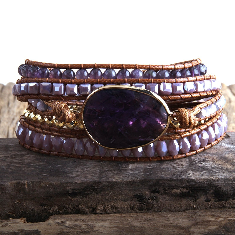 Boho Bracelet, RH 5 Layers Leather Wrap Bracelet, Natural Stones, Rose Quarts Silver