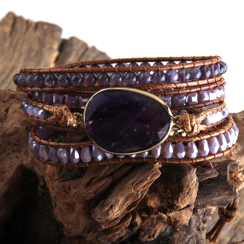 Boho Bracelet, RH 5 Layers Leather Wrap Bracelet, Natural Stones, Rose Quarts Silver