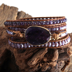 Boho Bracelet, RH 5 Layers Leather Wrap Bracelet, Natural Stones, Rose Quarts Silver