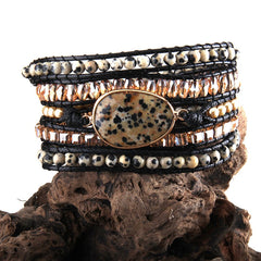Boho Bracelet, RH 5 Layers Leather Wrap Bracelet, Natural Stones, Rose Quarts Silver