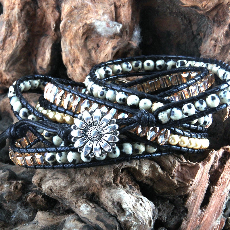 Boho Bracelet, RH 5 Layers Leather Wrap Bracelet, Natural Stones, Rose Quarts Silver