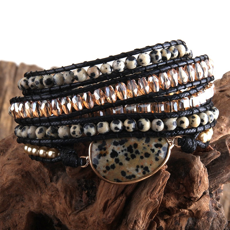 Boho Bracelet, RH 5 Layers Leather Wrap Bracelet, Natural Stones, Rose Quarts Silver