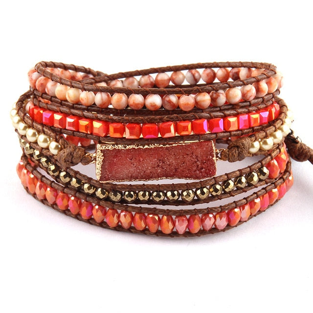 Boho Bracelet, RH 5 Layers Leather Wrap Bracelet, Natural Stones, Gold Purple Sapphire
