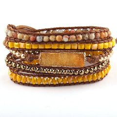Boho Bracelet, RH 5 Layers Leather Wrap Bracelet, Natural Stones, Gold Purple Sapphire