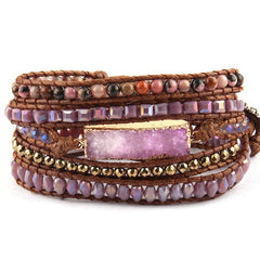 Boho Bracelet, RH 5 Layers Leather Wrap Bracelet, Natural Stones, Gold Purple Sapphire