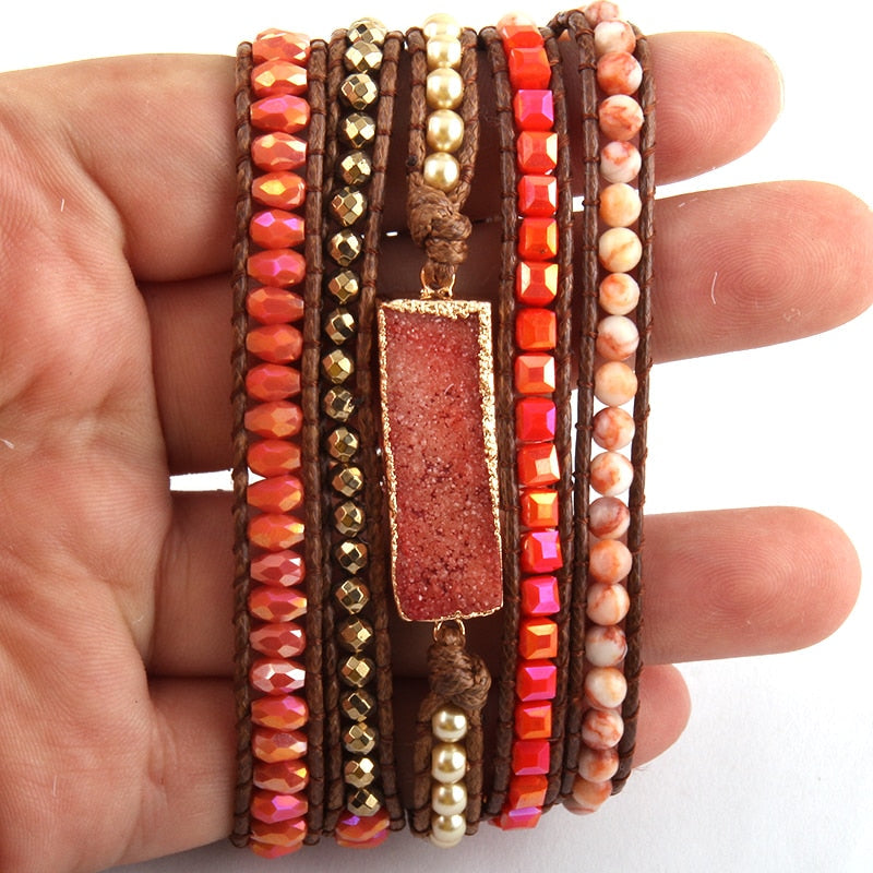 Boho Bracelet, RH 5 Layers Leather Wrap Bracelet, Natural Stones, Gold Purple Sapphire